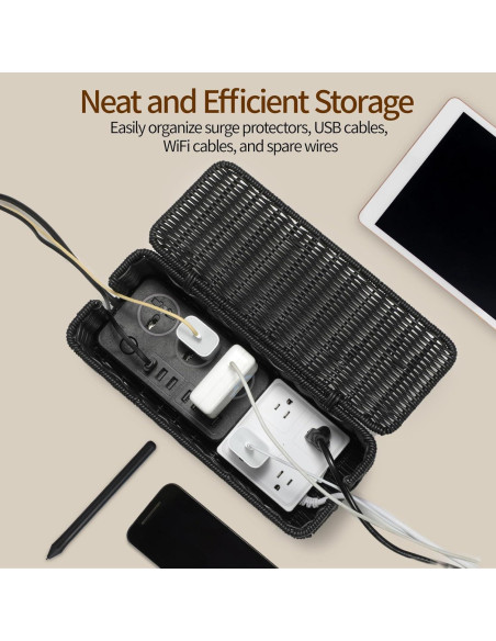 Caja de Gestión de Cables Delamu Rattan Hecha a Mano 31.75x12.95x12.95cm Negro