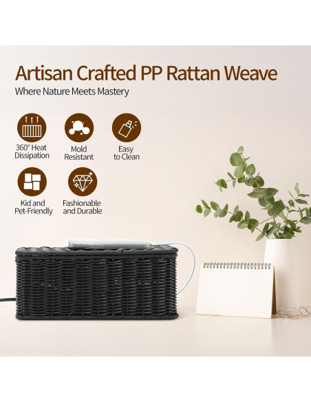 Caja de Gestión de Cables Delamu Rattan Hecha a Mano 31.75x12.95x12.95cm Negro