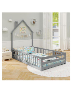 Cama Twin Montessori MAT EXPERT Gris con Barandillas y Diseño Casa