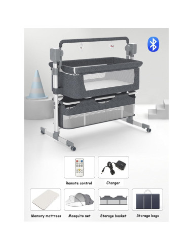 Cuna Lateral Convertible Suttonbebe Gris con Bluetooth y Control Remoto