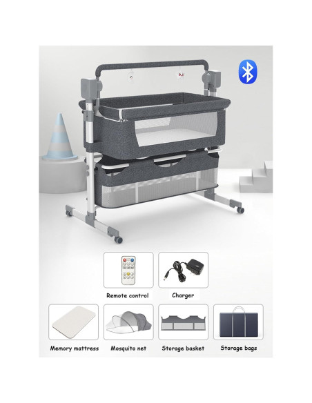 Cuna Lateral Convertible Suttonbebe Gris con Bluetooth y Control Remoto