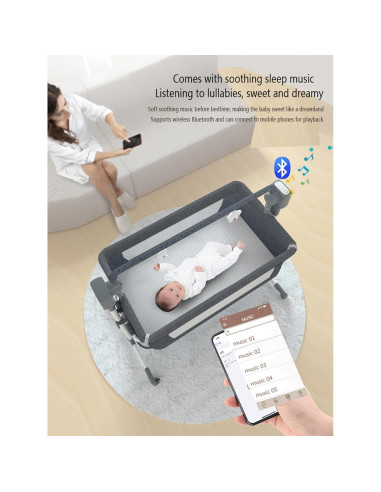 Cuna Lateral Convertible Suttonbebe Gris con Bluetooth y Control Remoto