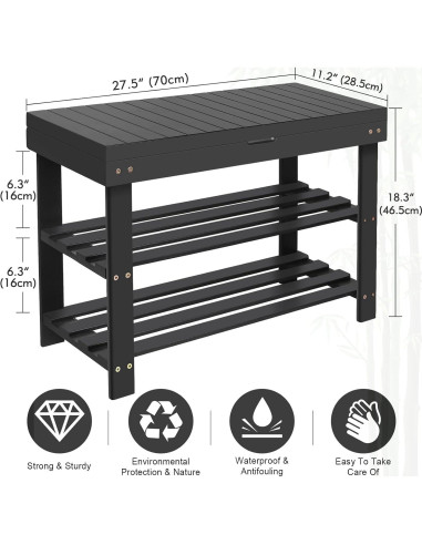 Banco para Zapatos BAMBUROBA de Bambú 3 Niveles Negro