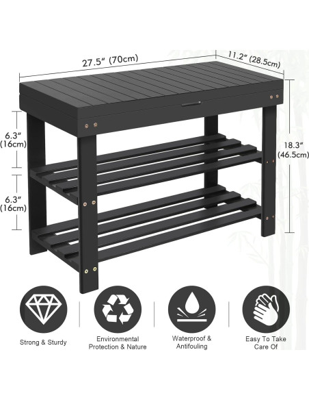 Banco para Zapatos BAMBUROBA de Bambú 3 Niveles Negro