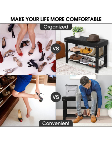 Banco para Zapatos BAMBUROBA de Bambú 3 Niveles Negro