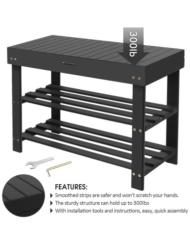 Banco para Zapatos BAMBUROBA de Bambú 3 Niveles Negro