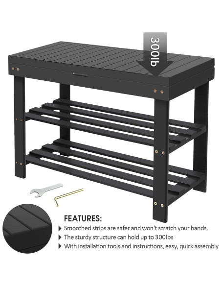 Banco para Zapatos BAMBUROBA de Bambú 3 Niveles Negro