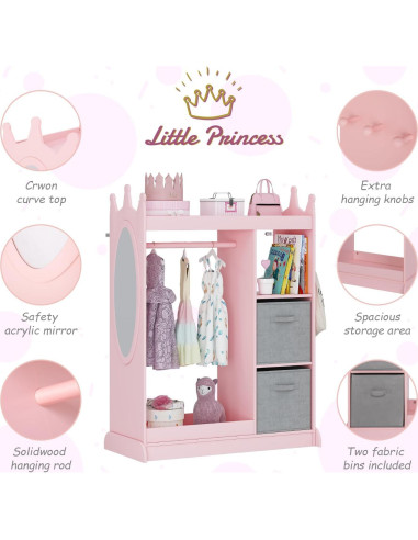 Armario Infantil UTEX Rosa con Espejo y Almacenamiento 85x40x113 cm