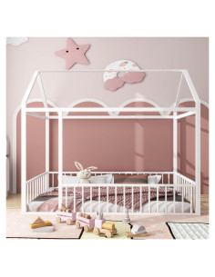 Cama Casa de Metal Twin Lakifun con Techo y Barandillas Blanca