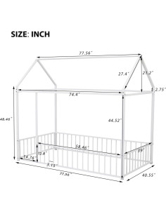 Cama Casa de Metal Twin Lakifun con Techo y Barandillas Blanca 2