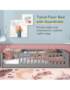 Cama de Piso Tatub Twin de Madera con Barandillas Gris 2