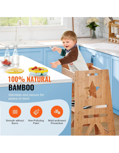 Taburete Escalera VEVOR de Bambú Ajustable 3 Niveles 158.8kg