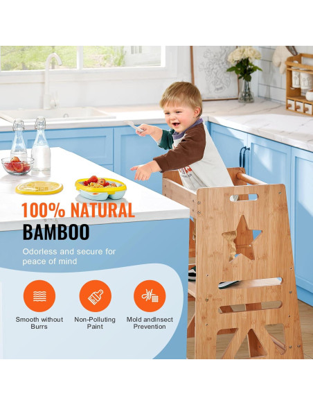 Taburete Escalera VEVOR de Bambú Ajustable 3 Niveles 158.8kg