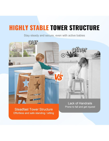 Taburete Escalera VEVOR de Bambú Ajustable 3 Niveles 158.8kg