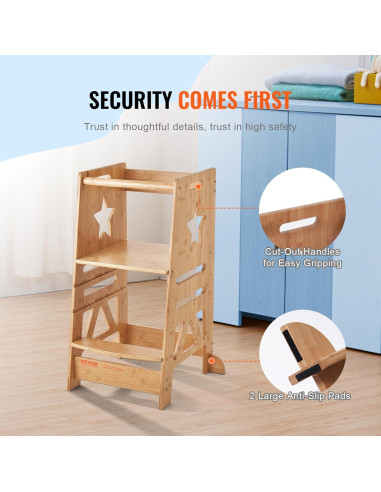 Taburete Escalera VEVOR de Bambú Ajustable 3 Niveles 158.8kg