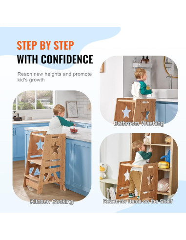 Taburete Escalera VEVOR de Bambú Ajustable 3 Niveles 158.8kg