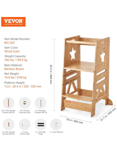 Taburete Escalera VEVOR de Bambú Ajustable 3 Niveles 158.8kg