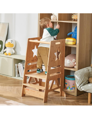 Taburete Escalera VEVOR de Bambú Ajustable 3 Niveles 158.8kg