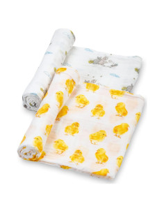 Manta de Envuelo LollyBanks 100% Algodón 120x120 cm Pollito y Conejo