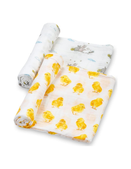 Manta de Envuelo LollyBanks 100% Algodón 120x120 cm Pollito y Conejo