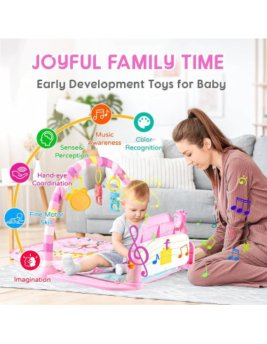 Alfombra de Juego para Bebés Rosa-21 con Piano Musical y 5 Juguetes