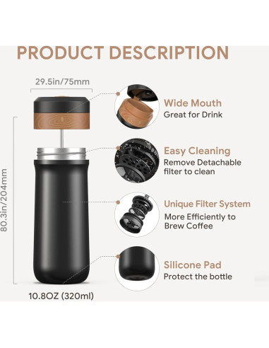 Prensa Francesa Portátil BRBHOM 350ml Acero Inoxidable Negra