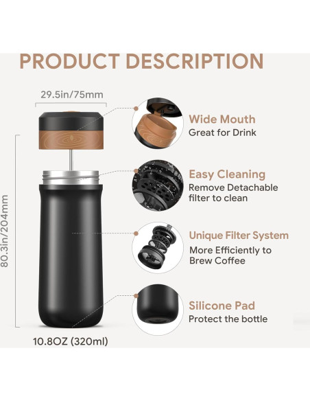 Prensa Francesa Portátil BRBHOM 350ml Acero Inoxidable Negra