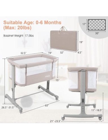 Cuna Lateral INFANS 3 en 1 Plegable con Colchón Beige