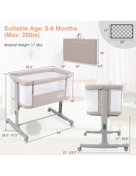 Cuna Lateral INFANS 3 en 1 Plegable con Colchón Beige