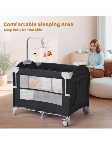 Cuna Portátil JOYMOR 5-en-1 con Mesa de Cambio y Almacenamiento