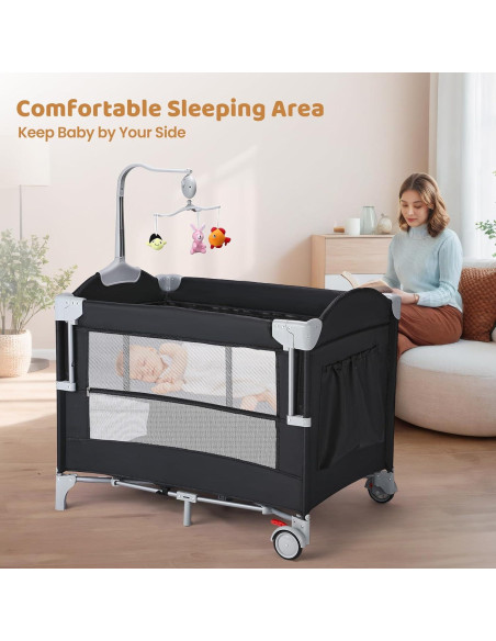Cuna Portátil JOYMOR 5-en-1 con Mesa de Cambio y Almacenamiento