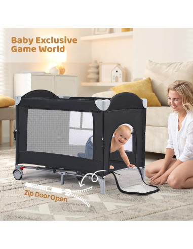 Cuna Portátil JOYMOR 5-en-1 con Mesa de Cambio y Almacenamiento