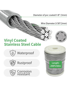 Kit de Cuerda de Alambre Unicaravan 1/8" 200FT Acero Inoxidable 2