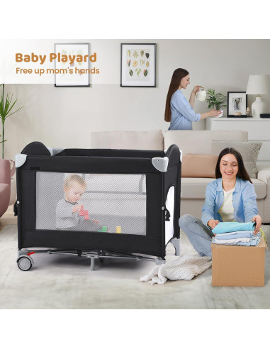 Cuna Portátil JOYMOR 5-en-1 con Mesa de Cambio y Almacenamiento