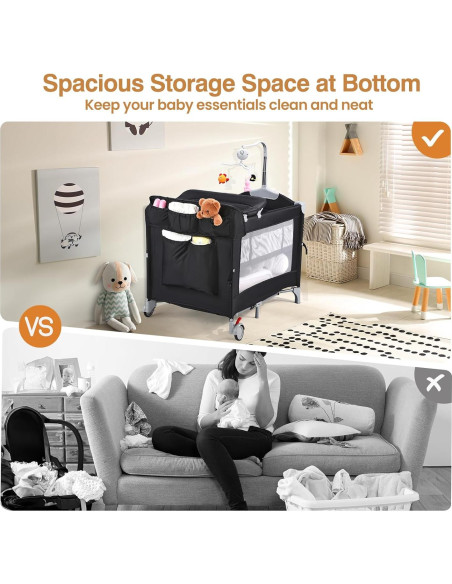 Cuna Portátil JOYMOR 5-en-1 con Mesa de Cambio y Almacenamiento