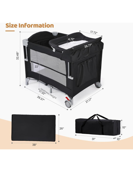 Cuna Portátil JOYMOR 5-en-1 con Mesa de Cambio y Almacenamiento