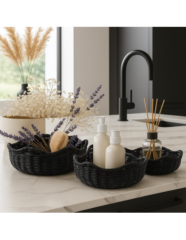Cestas de Pan de Mimbre SiliFine - 3 Piezas, Negro, 29-22 cm