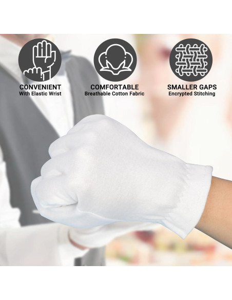 Guantes de Algodón Blancos 10 Pares con Muñeca Elástica