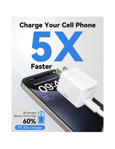 Cargador TECKNET USB C 30W Plegable Carga Rápida con Cable 1.5m