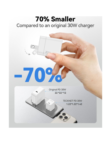 Cargador TECKNET USB C 30W Plegable Carga Rápida con Cable 1.5m
