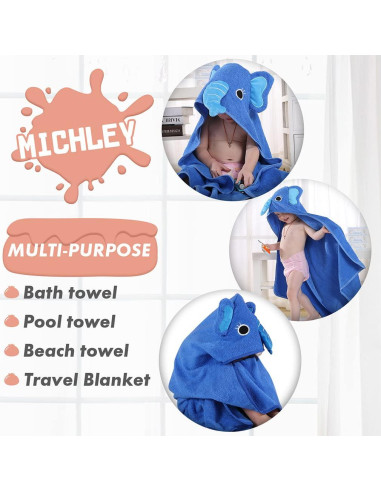 Toalla de Bebé MICHLEY con Capucha de Animal Algodón 90x90 cm Azul