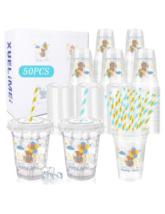 50 Vasos de Plástico Desechables Xuelimei 12 oz Azul con Tapas
