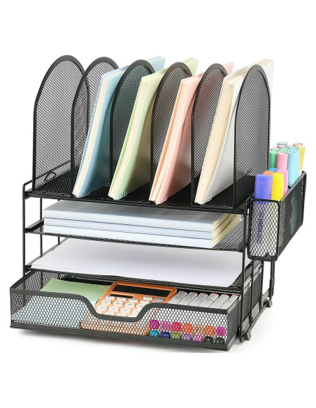 Organizador de Escritorio ORDROLL Negro con Cajón y 5 Soportes