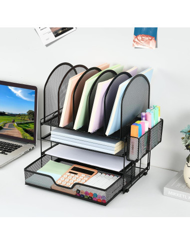 Organizador de Escritorio ORDROLL Negro con Cajón y 5 Soportes