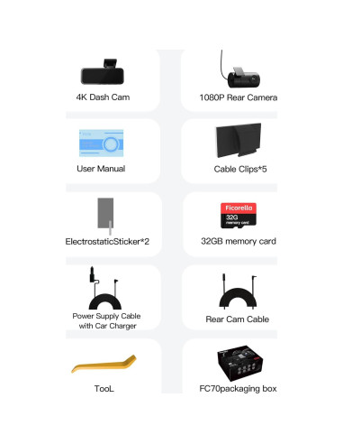 Cámara Dash 4K Delantera y Trasera Ficorella FC70 Inalámbrica
