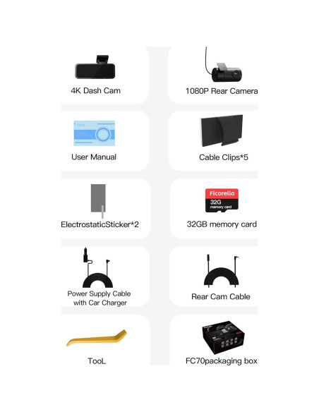 Cámara Dash 4K Delantera y Trasera Ficorella FC70 Inalámbrica