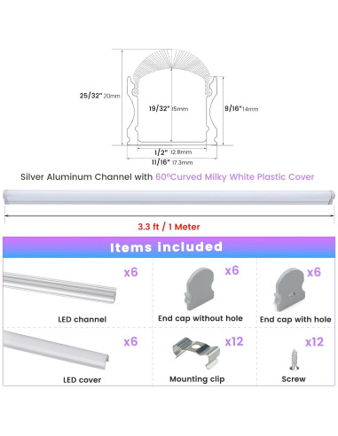 Canal LED Muzata U108 1M 6Pack Cubierta Blanca Lechosa