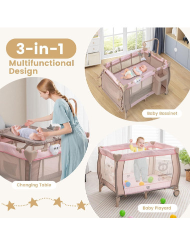 Cuna de Viaje 3 en 1 Costzon Rosa Plegable con Cambiador