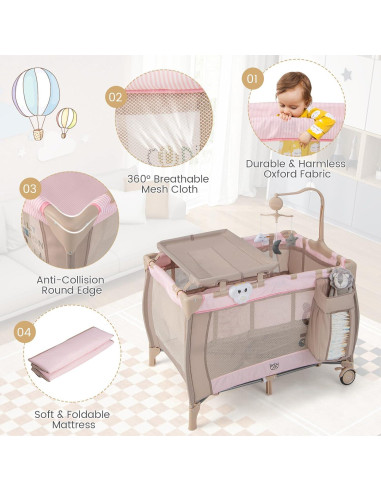 Cuna de Viaje 3 en 1 Costzon Rosa Plegable con Cambiador