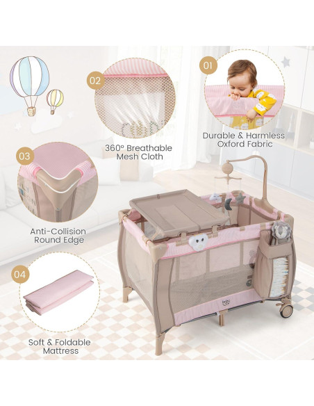 Cuna de Viaje 3 en 1 Costzon Rosa Plegable con Cambiador